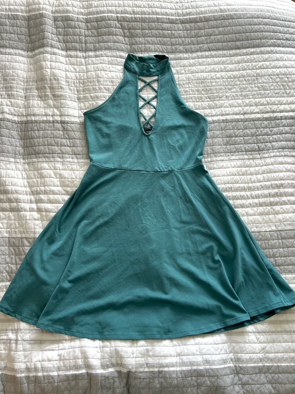 Express Teal Halter Fit & Flare Mini Dress with Crisscross Front